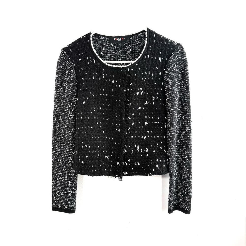 Paule Ka Black White Tweed Fringe Front Sweater Blazer Jacket Cotton Wool Medium